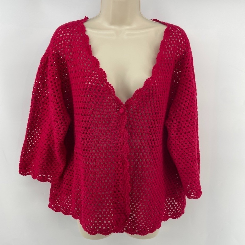 Norm Thompson Crochet Cardigan Sweater XL Red Linen Cotton Open Knit Boho